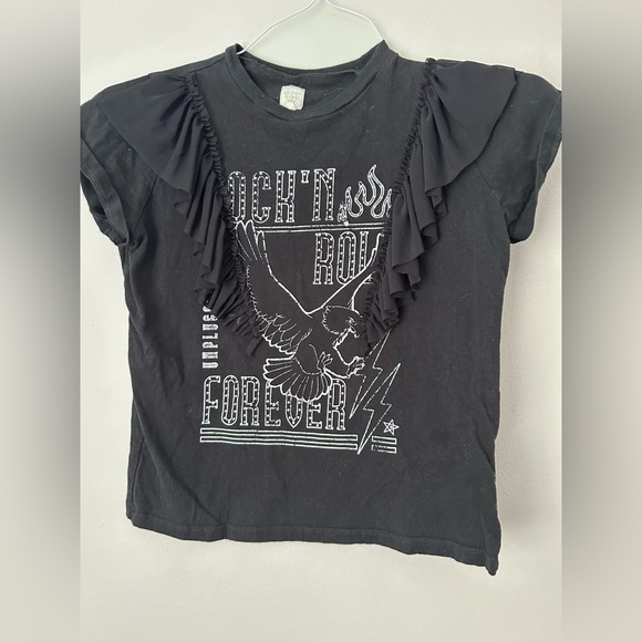 Modish Rebel Tops - women's Black Graphic Tee with Ruffle Detail